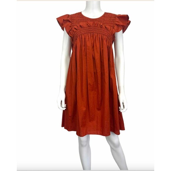 Sea New York Mini Dress Women Sz‎ XS Rust Orange Smocked Pockets - Picture 1 of 12